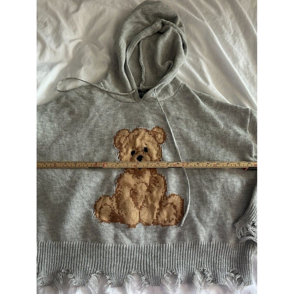 Just Polly NY Teddy Bear Distressed Knit Hoodie Sweater Women’s M Gray Oversized - Picture 8 of 8